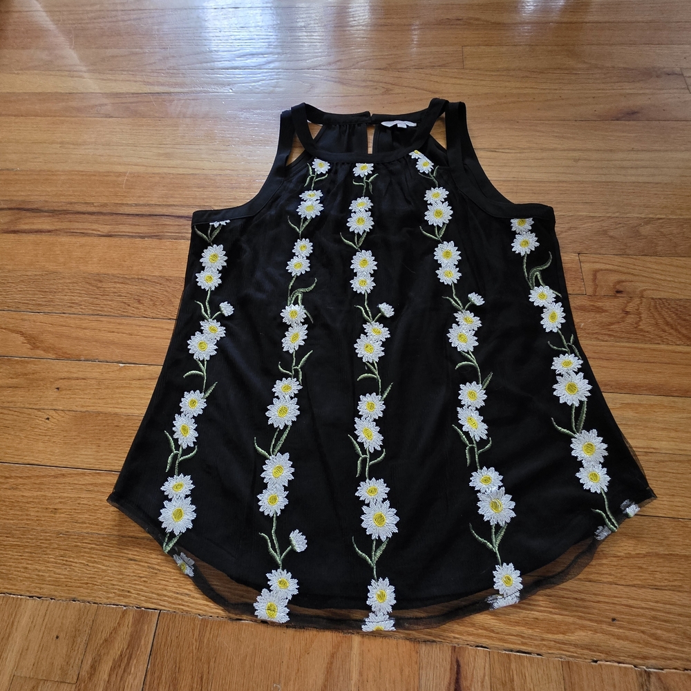 Floral Embroidered Black Tank Top